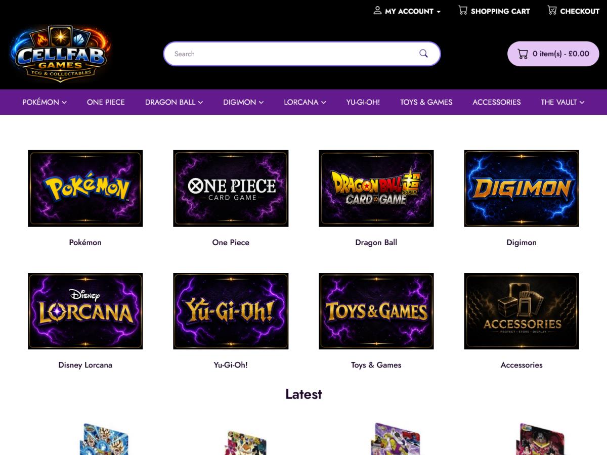 Cellfab Games (Lancashire, North West, United Kingdom) - Ecommerce site for an existing client selling TCG trading cards, games, toys and accessories. - EasierThan Website Design, © 2026